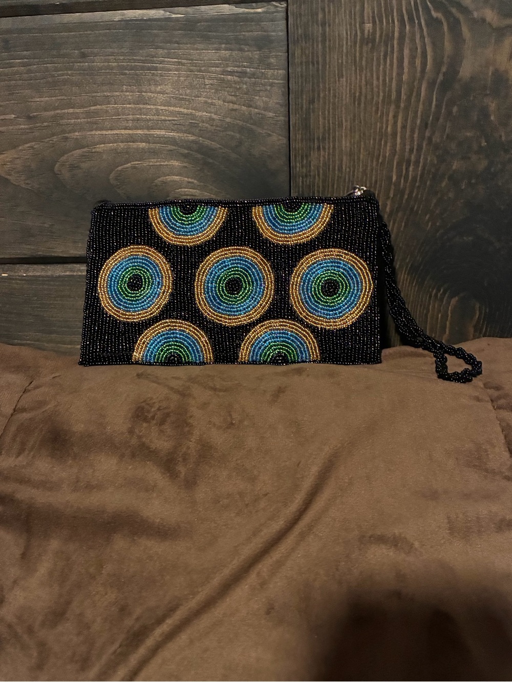Sea Cove Beach to City,Beaded Wristlet Clutch in Black with Blue & Green Accents